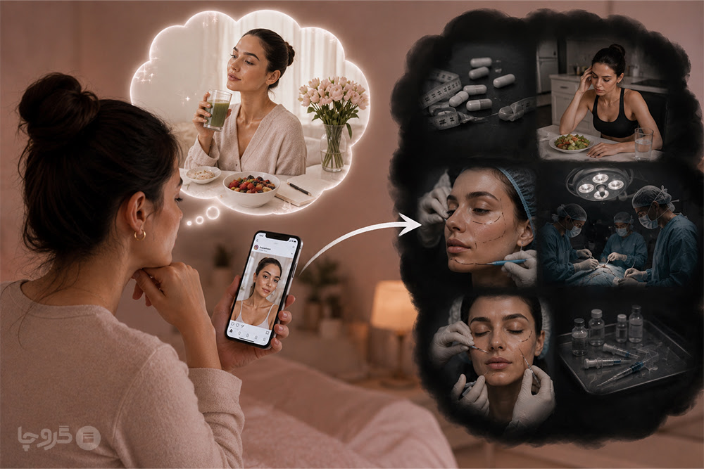 دختری در حال دیدن اینفلوئنسر Clean Girl در موبایل و نمایش پشت صحنه واقعی زیبایی