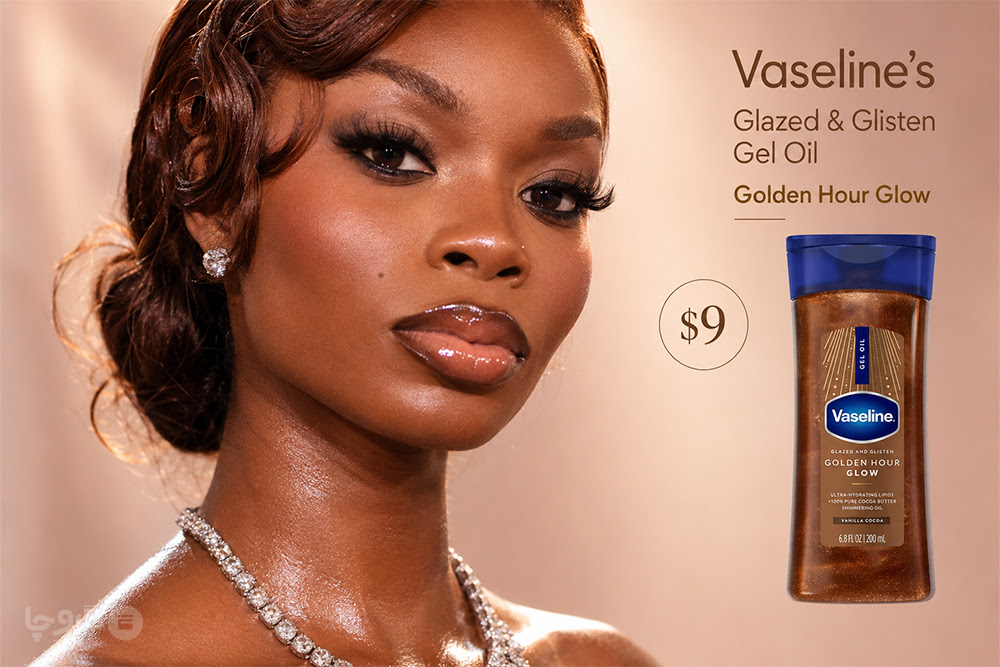 کلوزآپ مدل با پوست براق و درخشان در کنار محصول Vaseline Glazed & Glisten Gel Oil Golden Hour Glow