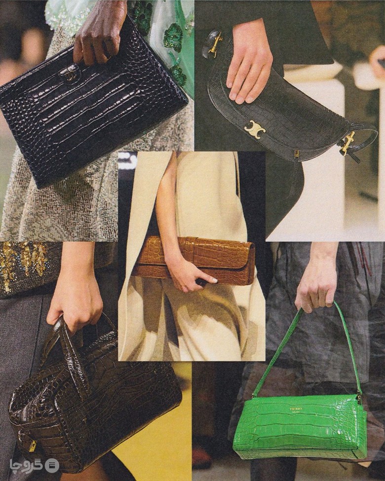 کیف با طرح پوست کروکودیل در مجموعه های Chanel، Tory Burch، Khaite، Celine و Prada؛ کلاژ: Vogue. برای خرید، نمونه مصنوعی و با کیفیت انتخاب مسئولانه تری است.