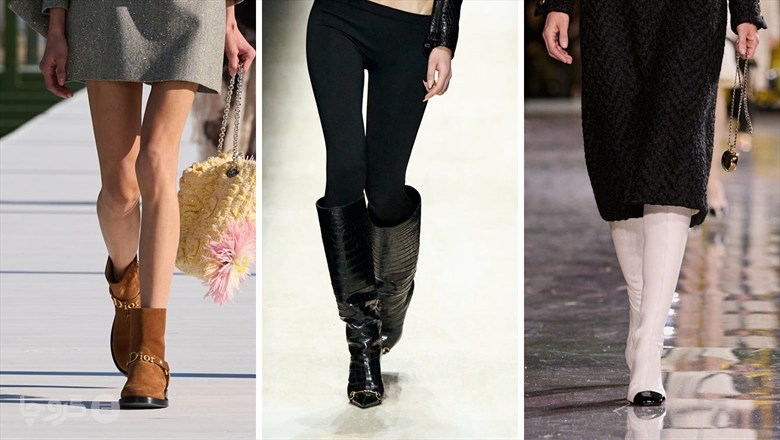 نمای کامل سه ترند بوت پاییز ۲۰۲۶ در Dior، Gucci و Chanel؛ منبع تصویر: Harper’s Bazaar و Launchmetrics. حقوق عکس ها متعلق به منبع، عکاسان و برندهای اصلی است؛ لوگوی گروچا نشان انتشار این نسخه است.