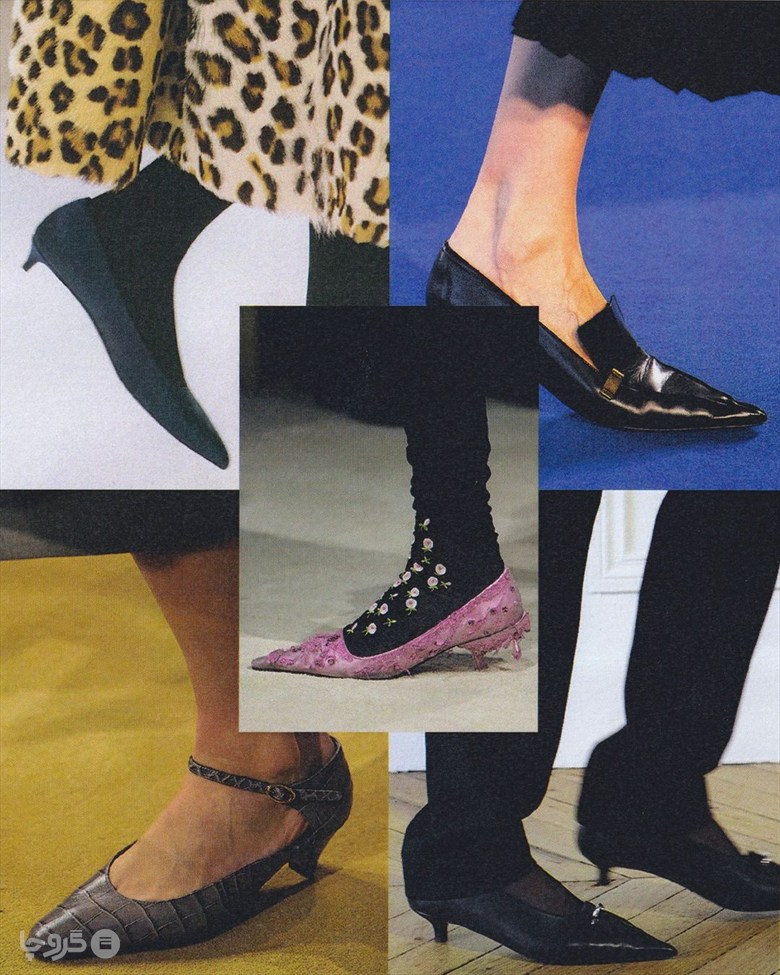 پاشنه کوتاه در مجموعه های Celine، Proenza Schouler، Prada، Tory Burch و Toteme؛ کلاژ: Vogue.