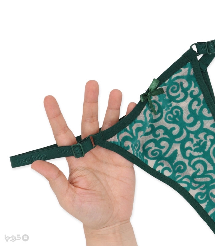 خرید عمده پک ست شورت و سوتین توری فنردار ژوبین کد 1404 طرح پیچک مخمل - بسته 4 عددی